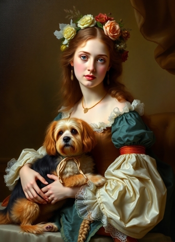 AI generated image of rococo style image woman dog