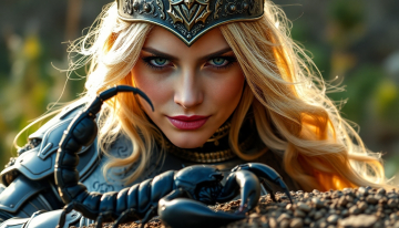 AI generated image of A blonde woman
 in knight's armor with a black scorpion in a nice view an