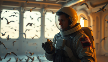 AI generated image of A cinematic, realistic scene of an astronaut standing in a quiet room