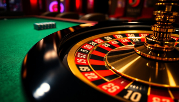 AI generated image of A close-up view of a casino roulette wheel on a glossy green felt table