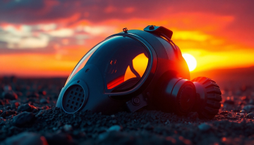 AI generated image of A futuristic gas mask lying partially buried in the ground