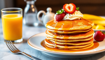 AI generated image of A glass of Orange juice and Beautiful delicious fluffy golden brown stack of