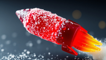AI generated image of A rocket made of a diamond shaped gummy bear encrusted with large sugar granules