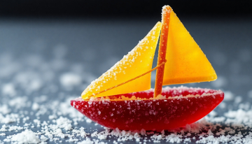 AI generated image of A sailboat made of a diamond shaped gummy bear encrusted with large sugar