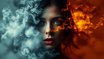 AI generated image of A woman's face and an image that depicts chaos and a smoke effect around the