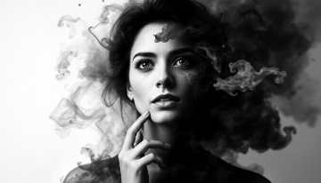 AI generated image of A woman's face and an image that depicts chaos and a smoke effect around the