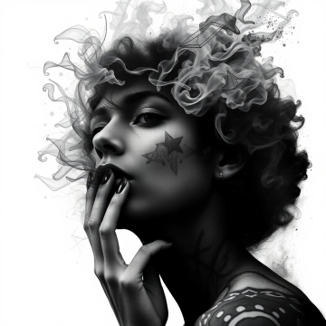 AI generated image of A woman's face and an image that depicts chaos and a smoke effect around the