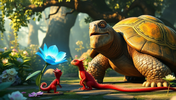 AI generated image of A young red dragon student stands in a peaceful ancient enchanted garden beside