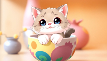 AI generated image of Centered shot of an adorable chibi-style cat sitting inside a decorative