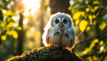 AI generated image of Close-up portrait of a tiny fluffy baby owl sitting on a moss-covered branch in