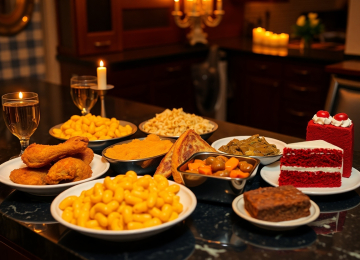 AI generated image of ultra realistic photo of a romantic indoor picnic for two on a dark granite