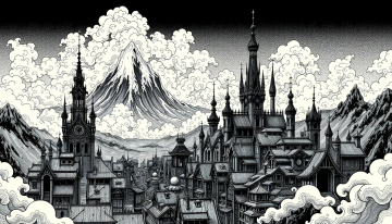 AI generated image of Unique gothic fantasy city illustrated in a traditional ukiyo-e inspired ink
