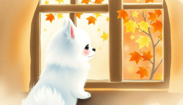 AI generated image of white pomeranian watching autumn leaves outside a window