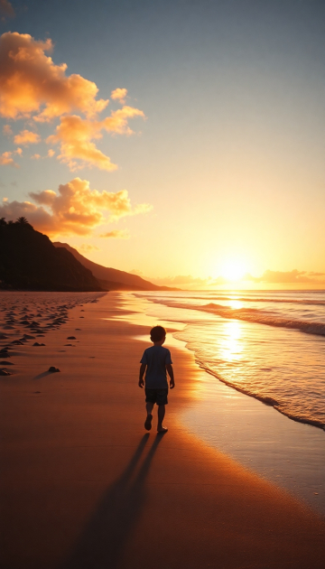 AI generated image of “young boy walking along Hawaii beach at sunrise