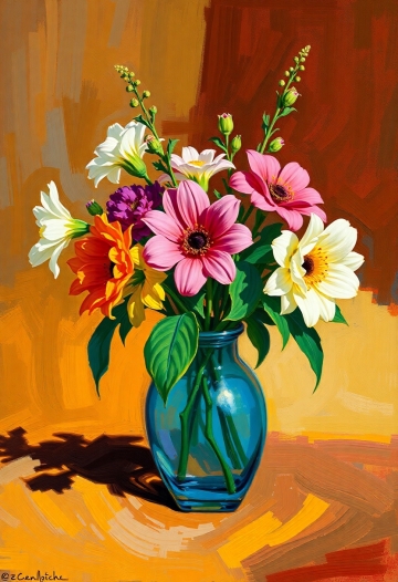 AI generated image of vase flowers table intense contrasting colors